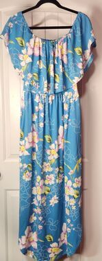 VERABENDI Ruffle Blue Floral Off The Shoulder Maxi Dress with Pockets Size M